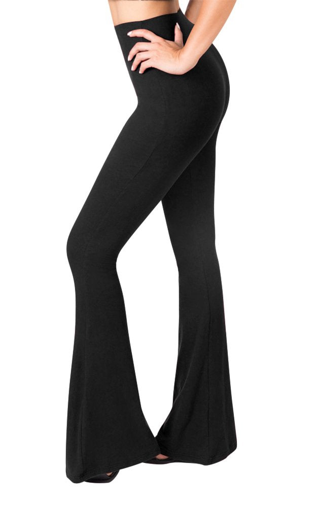 Womens High Waisted Flare Wide Leg Leggings, Printed & Solid, Reg & Plus, Black