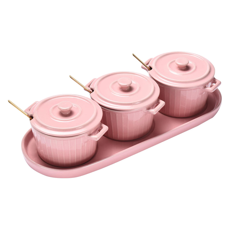 Mini Cocotte Set With Golden Spoons And Pink Serving Tray - 3 Small Pink