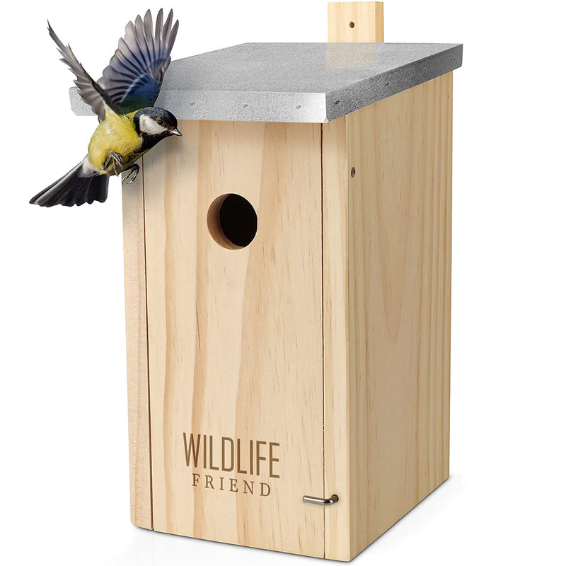 I Nesting Box With Metal Roof - Solid Wood, Weatherproof, Untreated, Tit