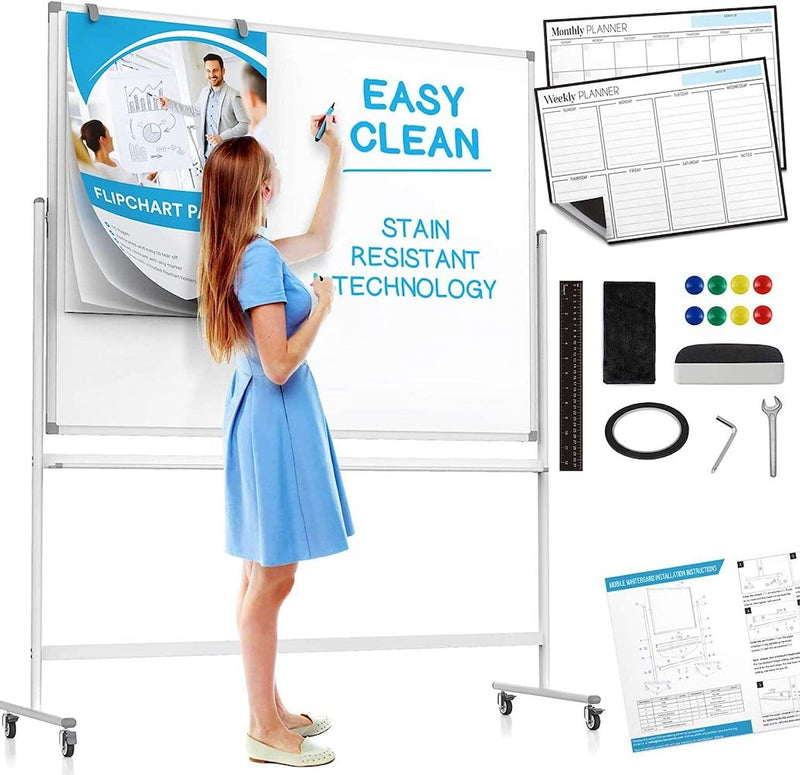 Large Mobile Rolling Whiteboard On Wheels (48x36") Includes Big Flipchart Pad,