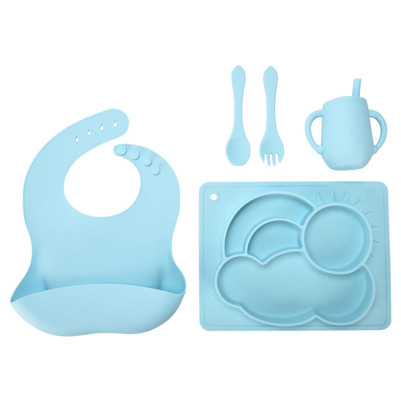 Baby Tableware Set Of 5 Blue - Divided Suction Plate, Cup, Spoon, Fork