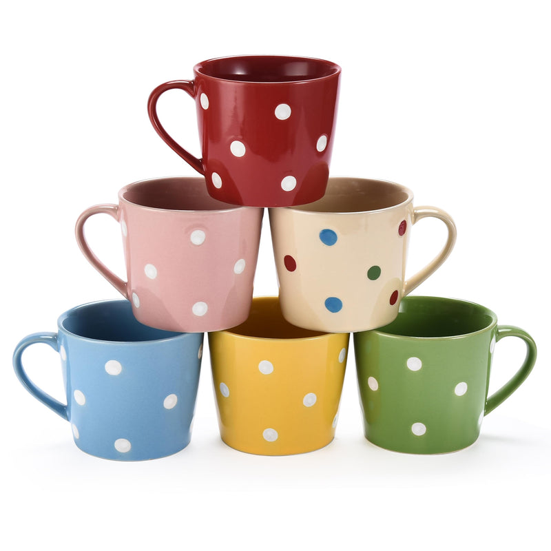 Polka Dot Coffee Mugs Set Of 6 - Flat Bottom Wide Mouth Oversized Coffee Mug