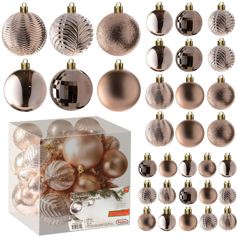 Champagne Christmas Ball Ornaments (36 Pcs) - Shatterproof Xmas Tree Decorations