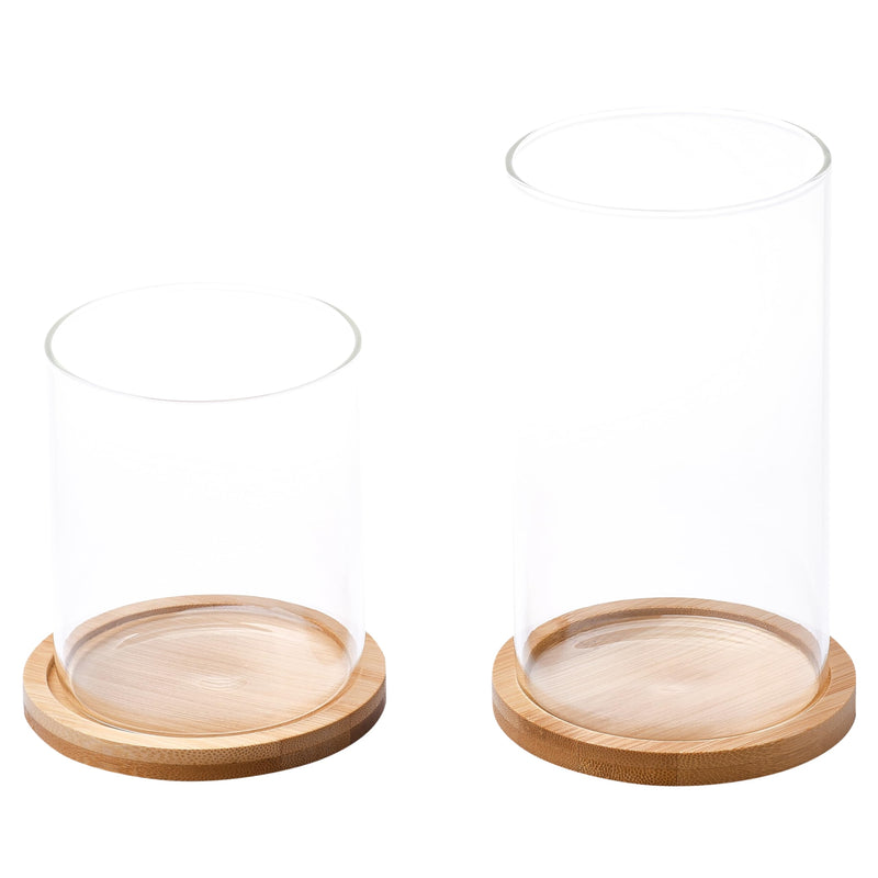 Glass Candles Holders With Wooden Base - Tall Glass Hurricane Candle