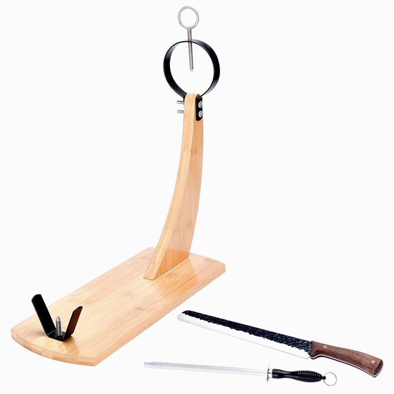 Wooden Ham Stand Set With Knife And Professional Sharpening Steel - Set Of 3