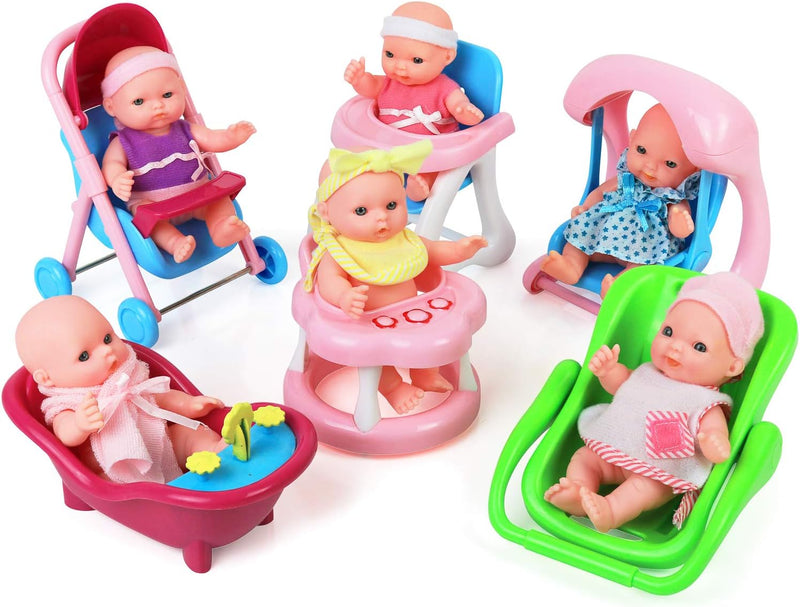 Mini 5 Inch Baby Girl Toy Dolls With Stroller, High Chair, Bathtub, Infant