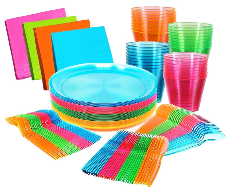 Neon Glow Party Supplies, Serves 32 - Hard Plastic Disposable Party Neon Plates