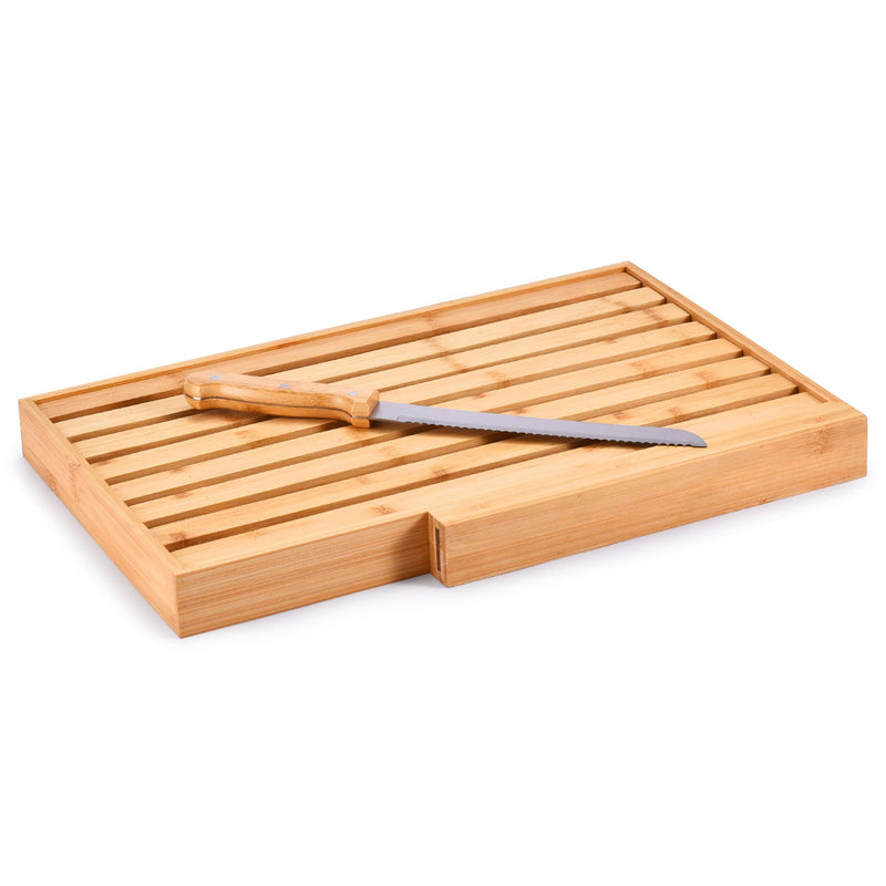 Large Bamboo Bread Cutting Board With Crumb Catcher - Wooden Bread Slicer Tray -