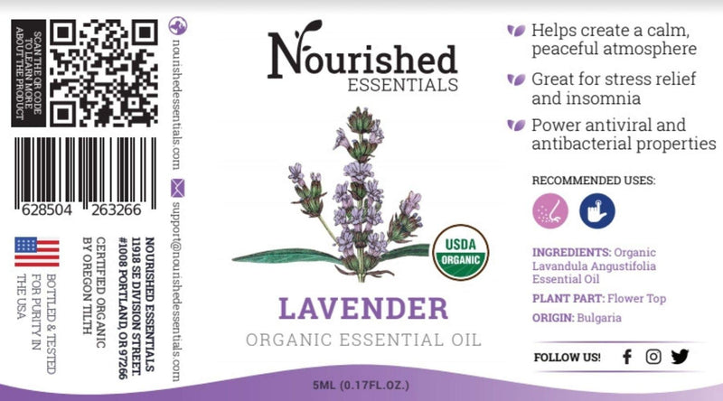 Organic Lavender Oil From Nourished Essentials - 100% Pure Usda Organic Essential Oil For Aromatherapy Diffusers, Self-Care Products, Natural Home Cleaning And More.