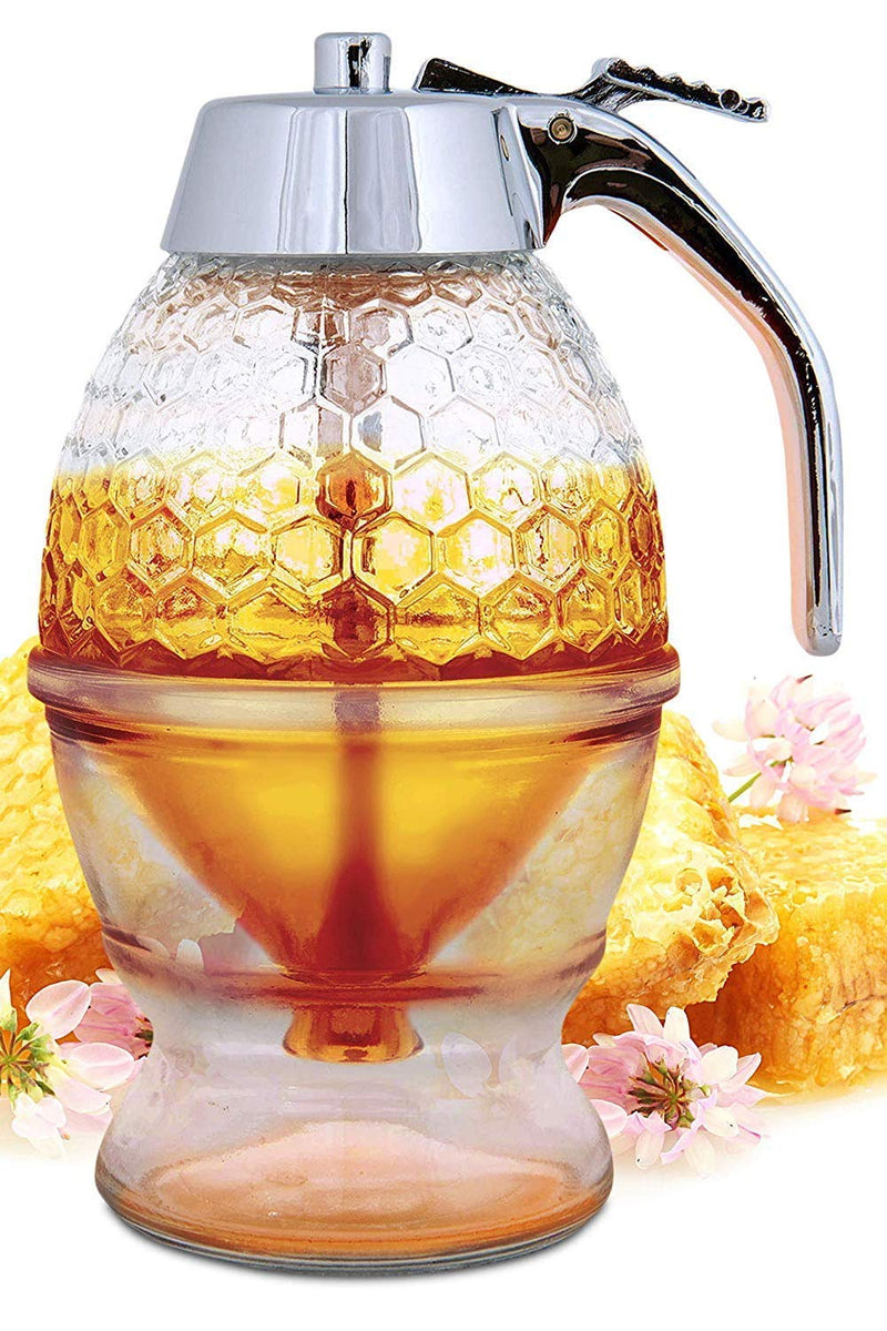 No Drip Glass Honey Dispenser - Beautiful Honeycomb Shaped Pot And Maple Syrup