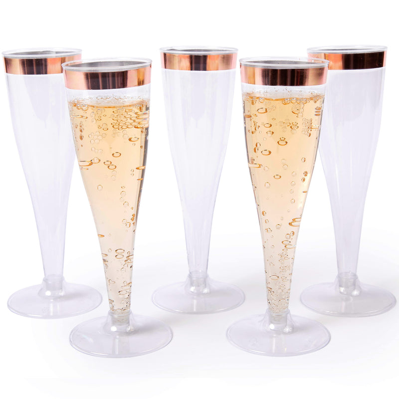 24 Plastic Champagne Flutes Disposable, Rose Gold Plastic Champagne Glasses