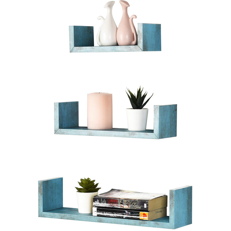 Set Of 3 Floating U Shelves, Decorative, Rustic Blue