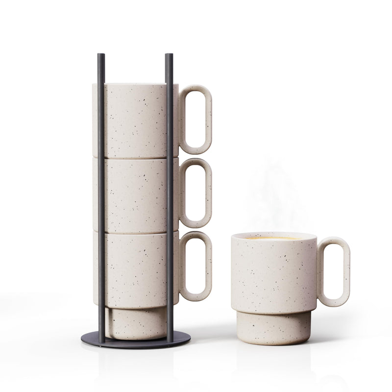 Stackable Coffee Mugs With Black Stand - 4x10oz Ceramic Mugs With Unique