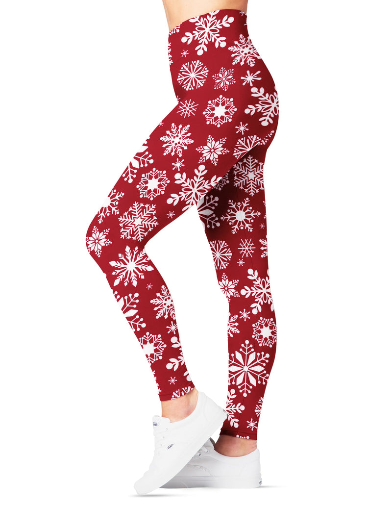 Christmas Leggings For Women - Buttery Soft Highwaisted Red Snowflake Holiday