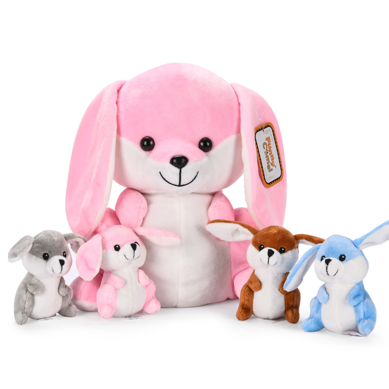 Stuffed Bunny For Baby - Mommy Bunny And 4 Adorable Baby Rabbit - Multicolored