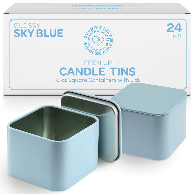 Sky Blue Square Candle Tins 8 Oz With Lids - 24-Pack Of Bulk Candle Jars