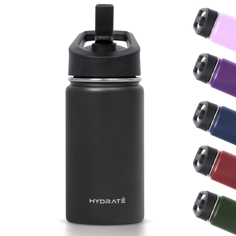 Hydrate Water Bottle For Kids - 14oz - Insulated Thermal Bottles - Keep Drinks Cold Or Warm For 6-12hrs - Tumbler For Toddler With Straw Lid - Leak Proof - Kids Water Bottles - Black