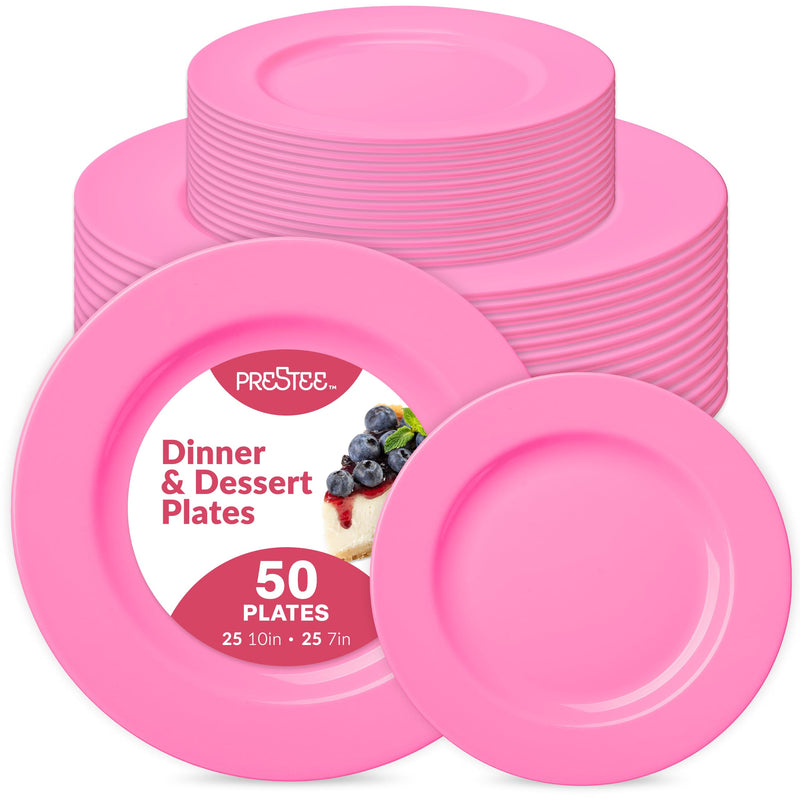 50-Pc Pink Plastic Plates - 25 Plastic Dinner Plates (10") + 25 Salad Small