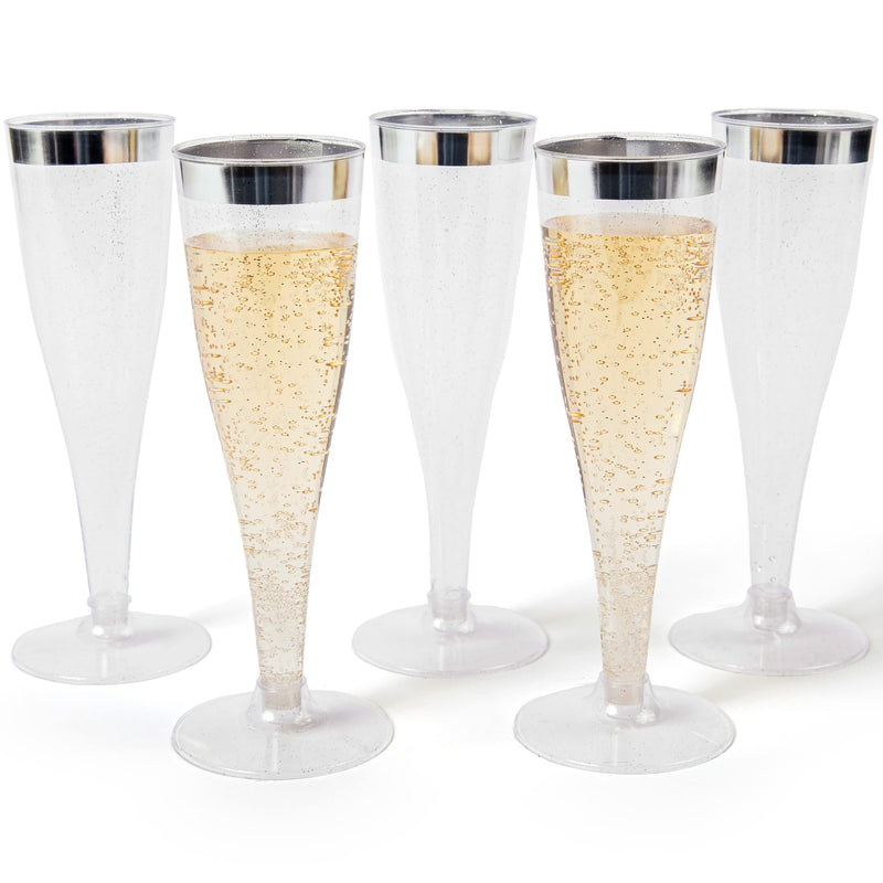 24 Plastic Champagne Flutes Disposable, Silver Glitter Plastic Champagne Glasses