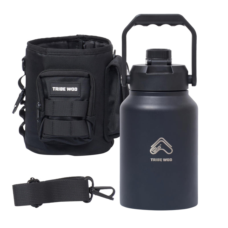 Tribe Wod Tactical Water Bottle - 64 Oz Water Bottle With Sleeve - Stainless Steel Water Jug Container - Double-Wall Insulated Water With Rugged - Removable Sleeve For Keys, Wallet, Phone - Black