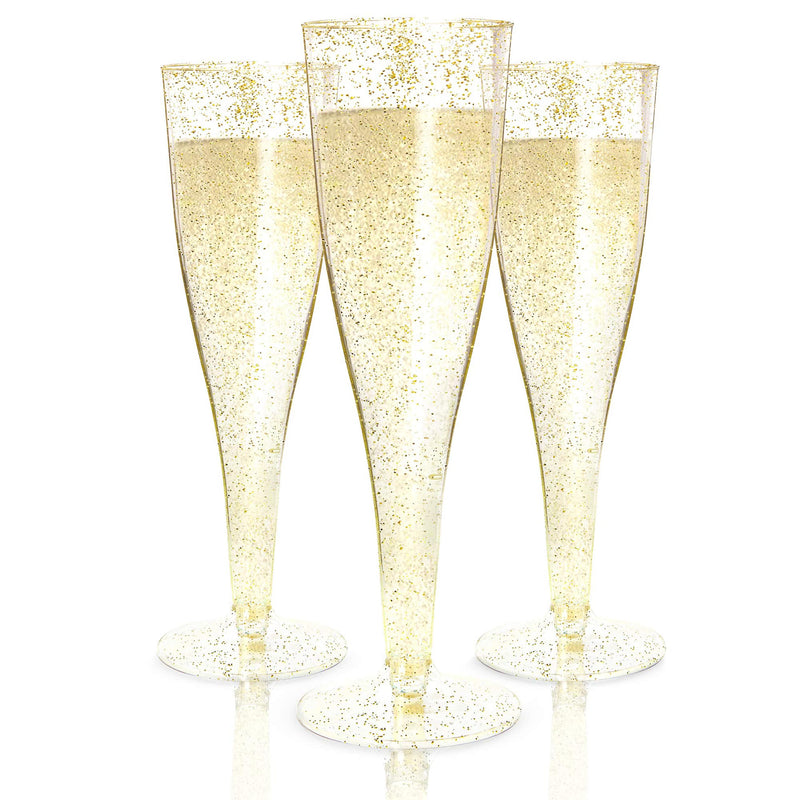 48 Champagne Flutes Plastic - Disposable Champagne Flute - Gold Glitter Plastic