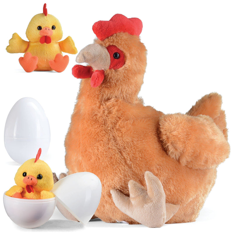 Plush Hen Toys Stuffed Animal With Two Plastic Easter Eggs Filled With Little