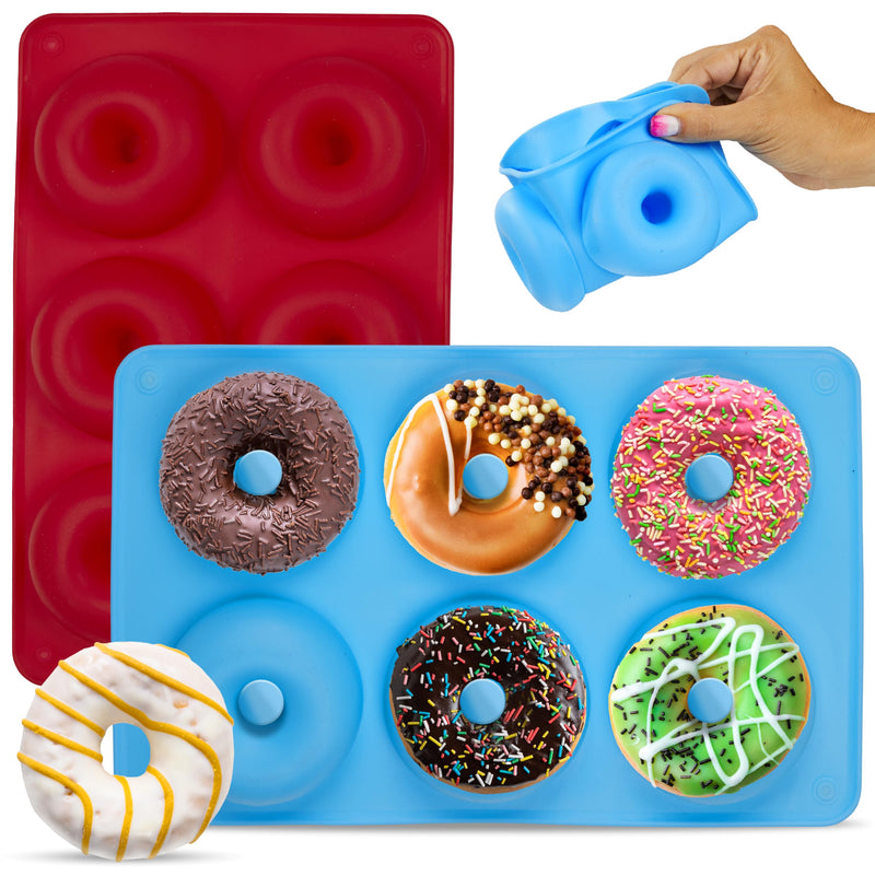 Silicone Donut Molds For Top Of Baking Sheet, 6 Donuts, Set Of 2 (Red, Blue)