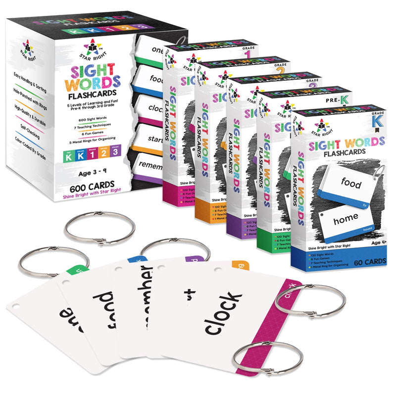 600 Sight Word Flash Cards & Flashcard Games Set - 300 Hole Punched Flash Cards