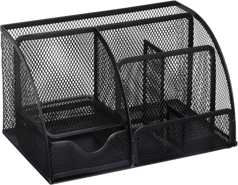 Mesh Desk Organizer Office Supplies Caddy, 6 Compartments, Small Black Desk