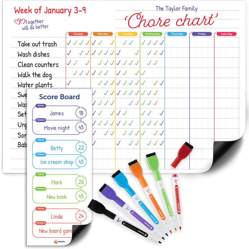 Magnetic Dry Erase Chore Chart For Multiple Kids - Large Erasable Whiteboard