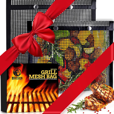 Mountain Grillers Set of 2 BBQ Mesh Grill Bags -(12.83 x 11.73-Inch) Reusable Grilling Pouches for Barbeque, Fish -Suitable for Charcoal, Electric Grills -Heat-Resistant & Non-Stick Bag for BBQ Lover