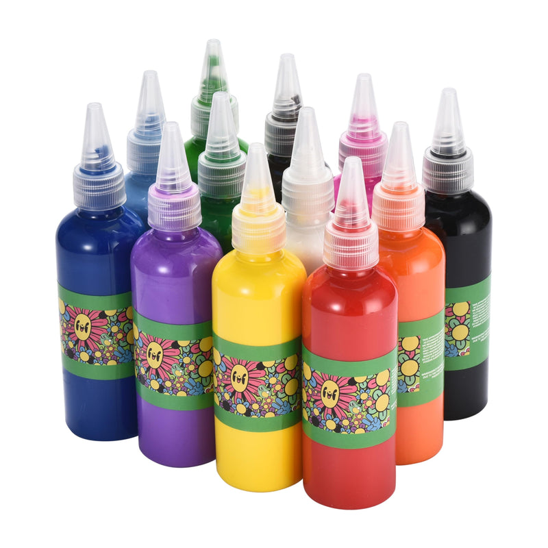 Multi-Color Paint For Kids Set Of 12, Transparent Bottle, Non-Toxic, Water-Based