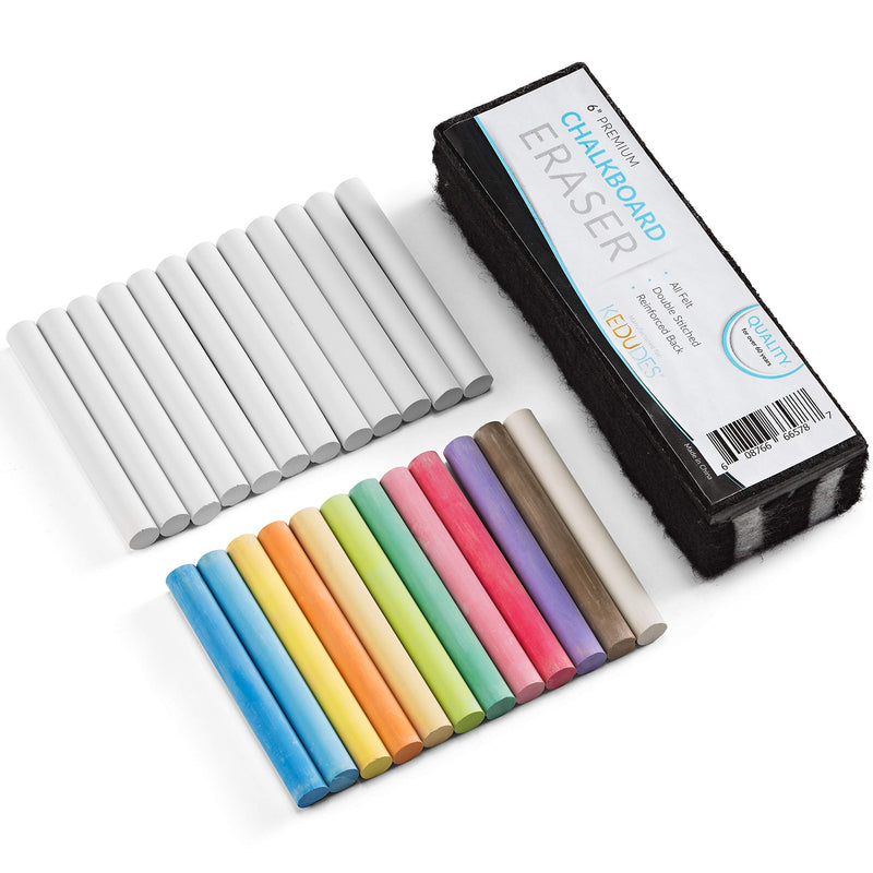 Dustless Chalk With Eraser (24pk) - 12 Colored Chalkboard Chalk + 12 White Chalk