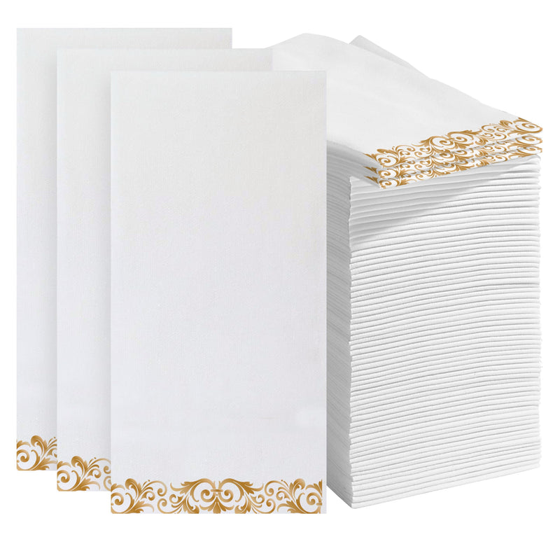 200 Linen Feel Disposable Bathroom Napkins (White/Gold), Guest Towels Disposable