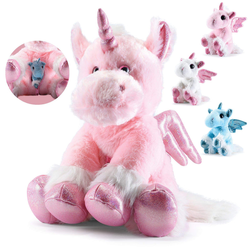 Plush Unicorn With Zippered Pouch For Its 3 Little Plush Baby Unicorns