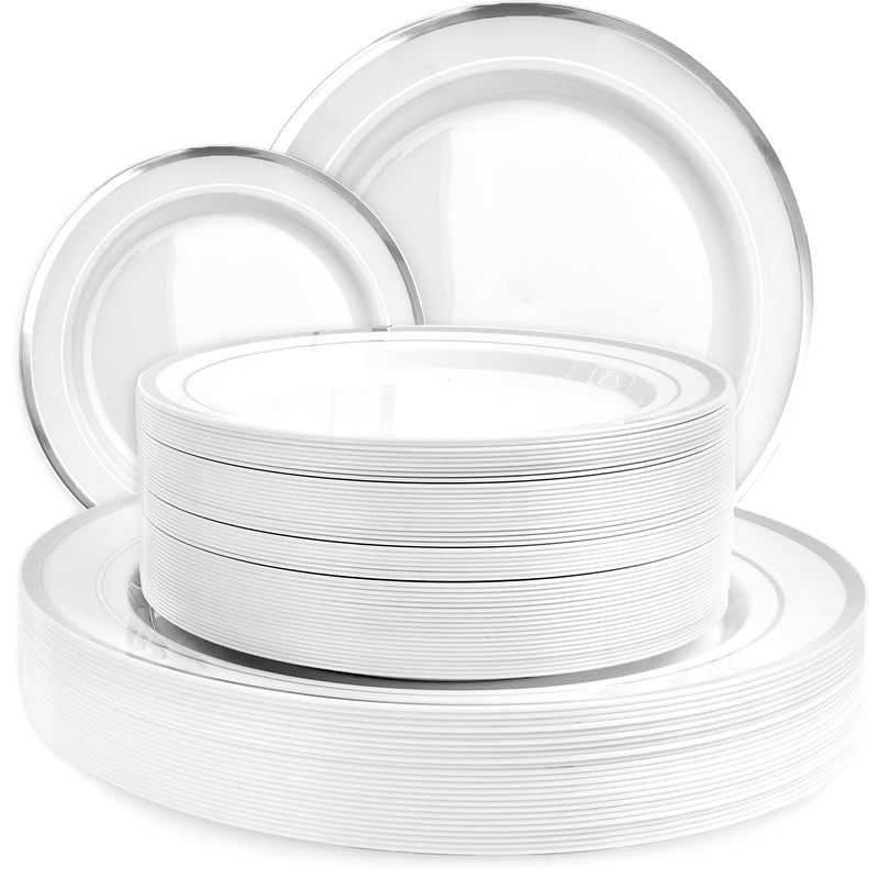 100 Plastic White Plates Disposable With Silver Trim, 50 Plastic