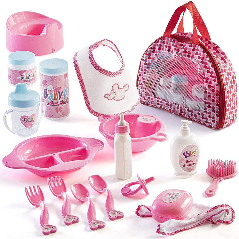 18-Piece Baby Doll Accessories Set With Carrying Case - Includes Bottle, Sippy