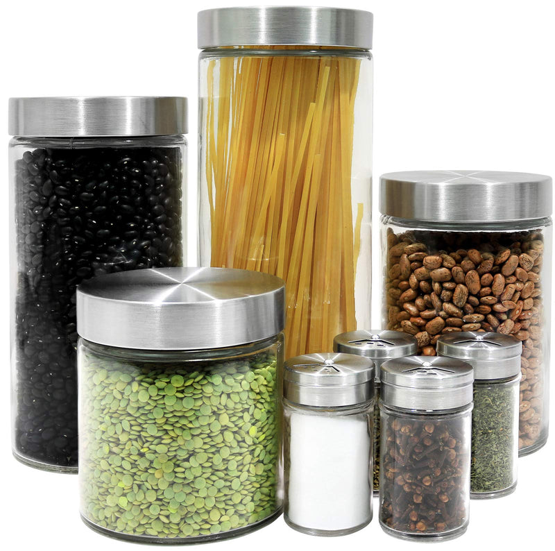 8 Piece Glass Canisters And Spice Jar Set With Stainless Steel Screw On Lids