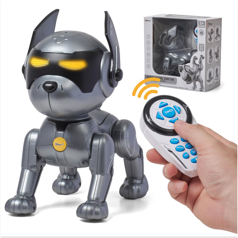 Top Race Small Rc Dog - Dark Grey Remote Control Robot Dog Toy - Plastic - Adorable, Interactive, Robotic Stem Toy - Gesture Mode, Adventure Mode - Includes Remote Control, Rechargeable Battery