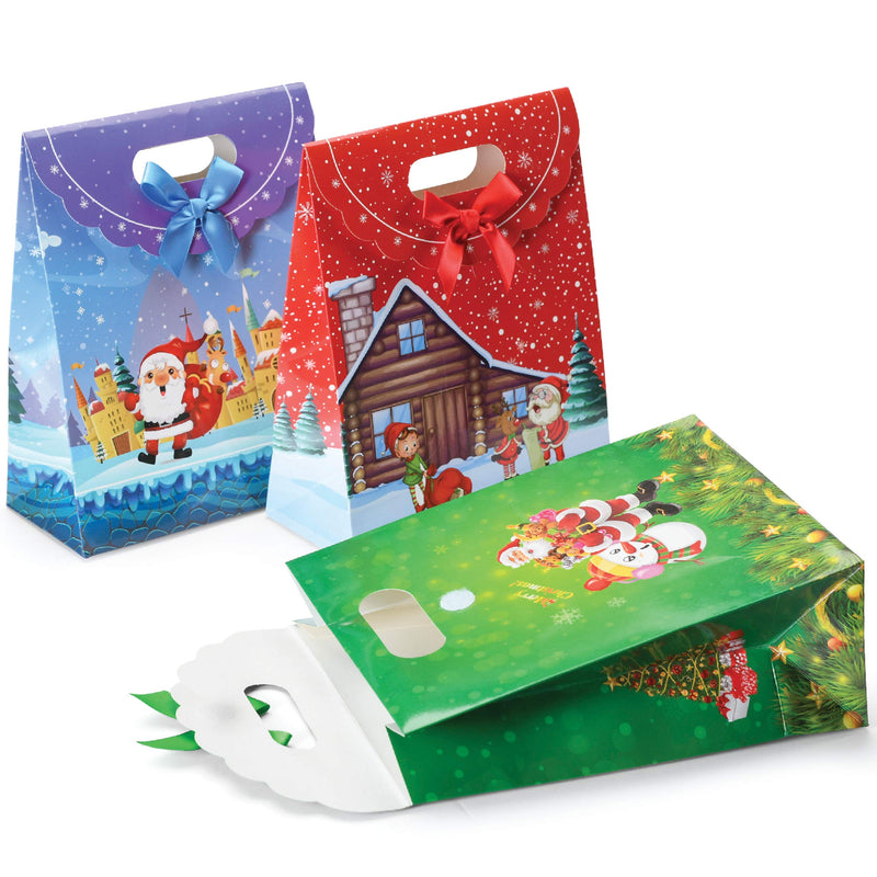 Winter, Holiday Gift Bags With A Bow Ribbon And Adhesive Closure - 12 Pack