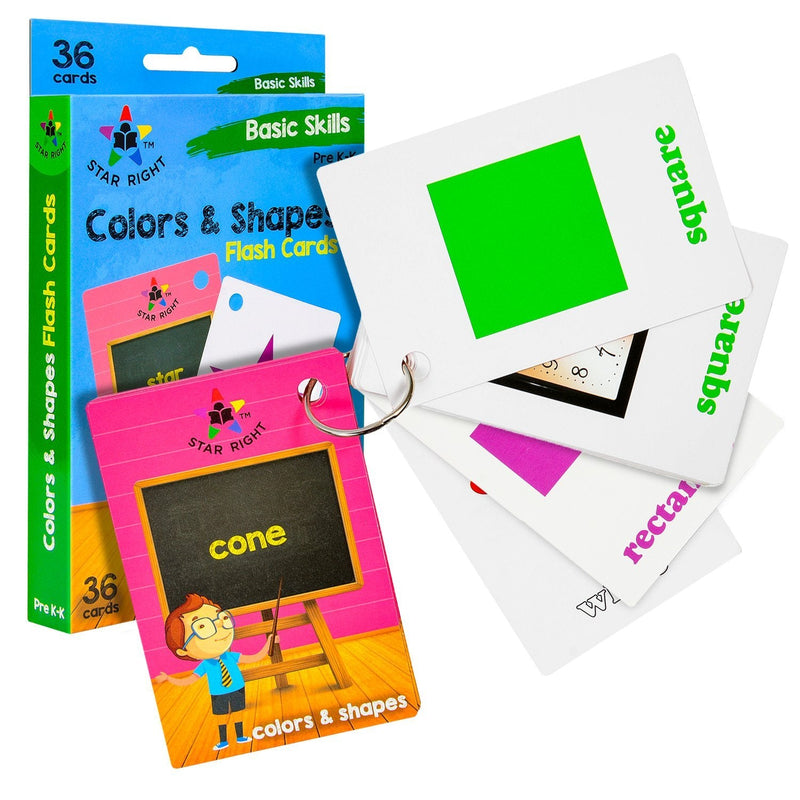 Colors And Shapes Flash Cards With Pictures, 36 Cards, With 1 Ring, For Ages