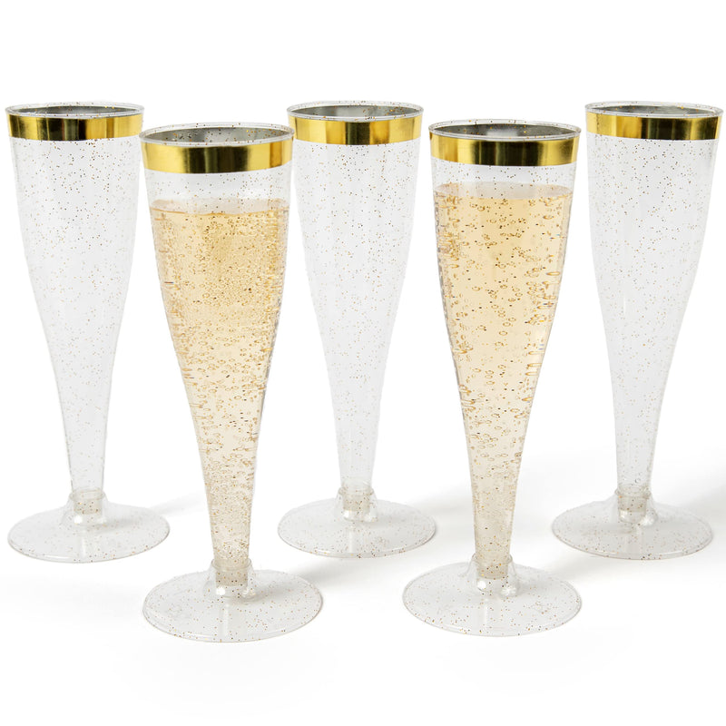 24 Champagne Flutes Disposable, Gold Rim Glitter Plastic Cups For Parties, Clear