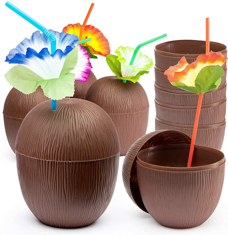 Coconut Cups With Flower Straws & Twist Close Lids (12 Pack) For Luau Party