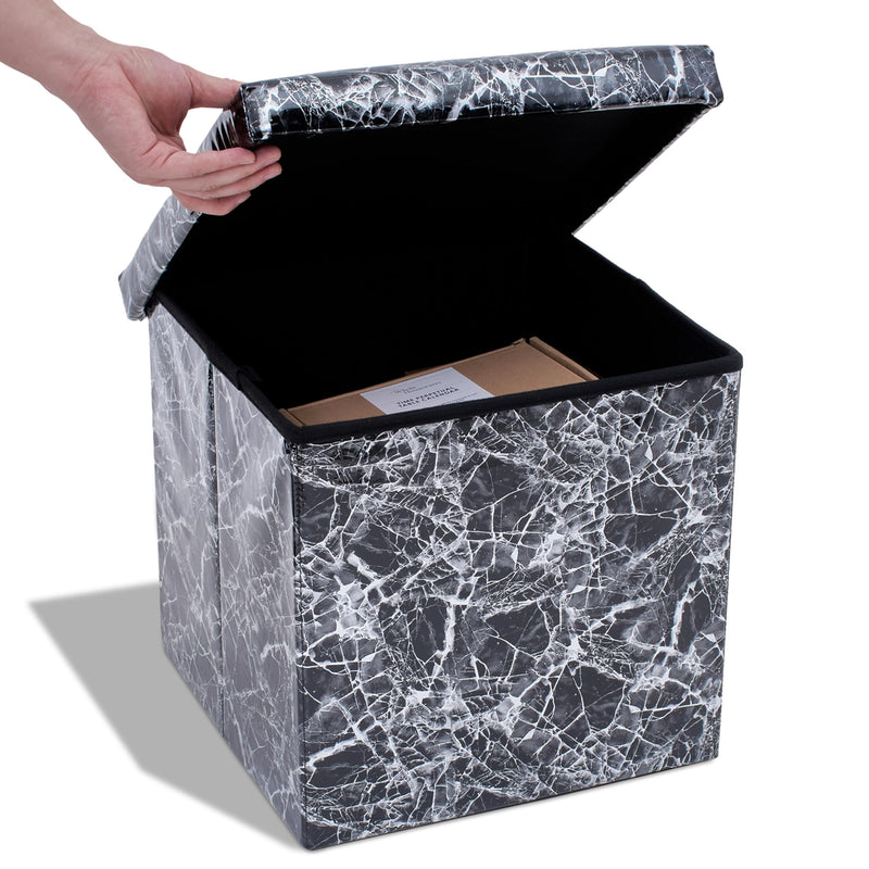 Storage Stool Marble Black - Small Square Ottoman Cube With Extra Storage