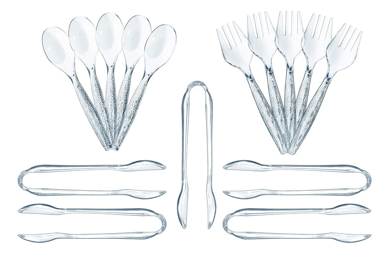 15 Piece Transparent Plastic Disposable Serving Utensils Set - 10" Spoons, Tongs