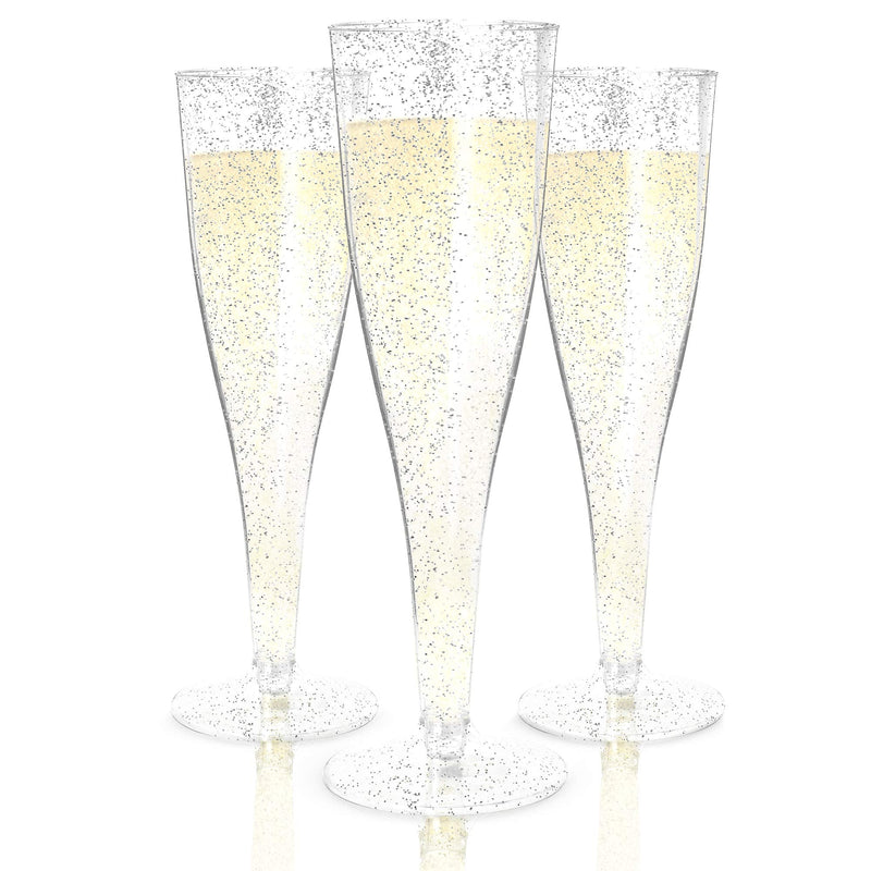 24 Champagne Flutes Plastic  Disposable Champagne Flute  Silver Glitter Plastic