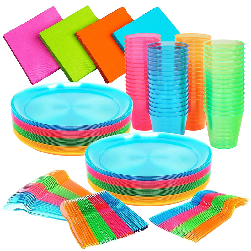 Neon Glow Party Supplies, Serves 64 - Hard Plastic Disposable Party Neon Plates