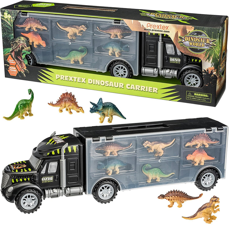 16" Dinosaur Truck Carrier Playset With 6 Mini Plastic Dinosaurs, Dinosaur Toy