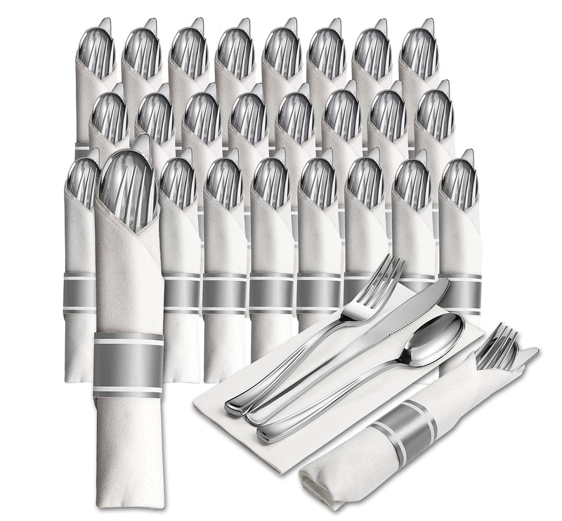 25 Pre Rolled Silver Plastic Silverware - 100pc Set, Service For 25 - Wrapped