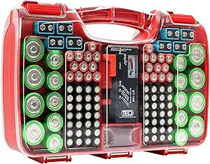 Battery Organizer Storage Case With Tester, Holds 180 Batteries, Clear Hinged